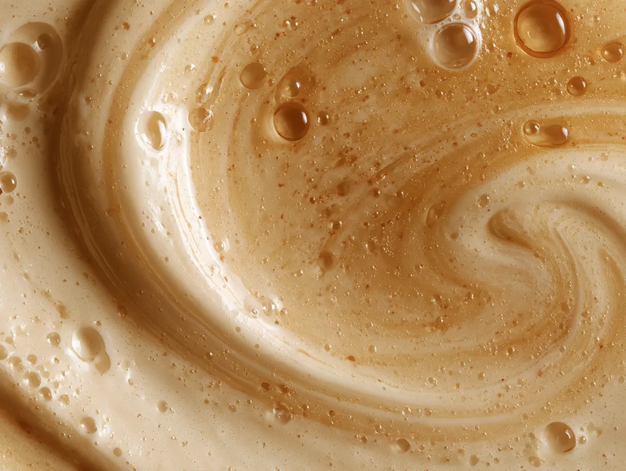 Cremetextur mit goldenen Öltropfen als Sinnbild für die Pflegeprodukte im Sonnenstudio Hude